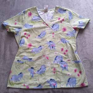 Womens Medium Disney Eeyore Drawstring Scrub Top